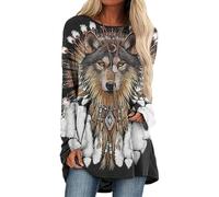 Damen Wolf 3D gedruckt Langarm T-Shirt Mode Tier Muster Casual Lange Tees Kleid Vintage Lose Tops, # 2, 42