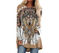 Damen Wolf 3D gedruckt Langarm T-Shirt Mode Tier Muster Casual Lange Tees Kleid Vintage Lose Tops, # 3, 42