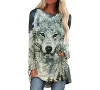 Damen Wolf 3D gedruckt Langarm T-Shirt Mode Tier Muster Casual Lange Tees Kleid Vintage Lose Tops, Nr. 15, 42