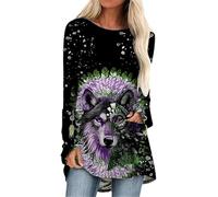 Damen Wolf 3D gedruckt Langarm T-Shirt Mode Tier Muster Casual Lange Tees Kleid Vintage Lose Tops, Nr. 14, 38