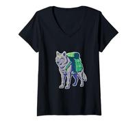 Damen Wolf Abenteuer mit Rucksack Wandern Wanderer Reisen Erkunden T-Shirt mit V-Ausschnitt