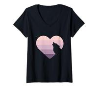Damen Wolf Lovers Süßes Herz Heulender Wolf Lila Rosa Retro Mond T-Shirt mit V-Ausschnitt
