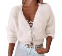 Damen Wolle Damen-Cardigan mit Strass-Schleife, flauschig, langärmlig, V-Ausschnitt, bauchfrei Damen Pullover Pullover (White, One Size)