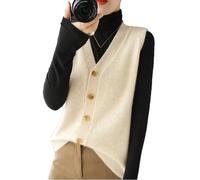 Damen Wollmischungs-Cardigan-Weste Einfarbig V-Ausschnitt Gestrickte Weste Ärmellos Knöpfe Pullover Weste, beige, XL