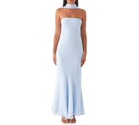 Damen Y2k Blumen-Maxikleid mit Schal, trägerlos, rückenfrei, Netzstoff, langes figurbetontes Kleid, formelles Cocktail-Sommerkleid, A Blau, S