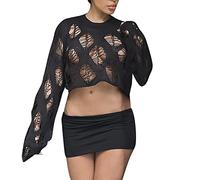 Damen Y2K Crochet T-Shirt Frauen Langarm Crop Top Einfarbig Top One-Shoulder Crochet Aushöhlen Pullover 90Er Streetwear Gothic Punk Schulterfrei Zerrissene Strickpullover Lose Oberteile 0