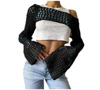 Damen Y2K Crochet T-Shirt Frauen Langarm Crop Top Einfarbig Top One-Shoulder Crochet Aushöhlen Pullover 90Er Streetwear Gothic Punk Schulterfrei Zerrissene Strickpullover Lose Oberteile 0