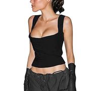 Damen Y2k Crop Tank Tops Square Neck Low-Cut Einfarbig Kurz Tops Ärmellos Slim Navel Camis Weste Camis (Schwarz, S)