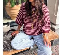 Damen Y2K eleganter moderner süßer burgunderroter & rosa gestreifter Kurzarm lockerer Strickpullover, Basic Lässig Party Top, Herbst/Winter