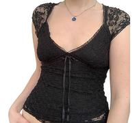 Damen Y2K Fairy Crop Top Cute Lace Patchwork Kurzarm T-Shirt Trendy Sommer Ästhetische T-Shirts Vintage Kleidung, Schwarz-g, Small