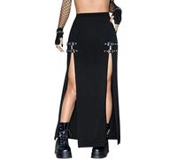 Damen Y2k Gothic Doppelschlitzrock Sommer fließend hohe Taille Maxirock Punk Rave Festival Schnalle Rock, Schwarz, Klein