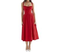 Damen Y2k Langes Kleid mit quadratischem Ausschnitt, niedrig geschnitten, ärmellos, Midi-Kleid, Bustier, Spitzenbesatz, Spaghettiträger, Ausgehen, Swing-Sommerkleid, Red01, Klein