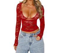 Damen Y2K Longsleeve Rückenfrei Spitze Mesh Low Cut Crop Top Offener Rücken Durchsichtig Ausgehen Tops Slim Fit Layering Tee Shirt Streetwear, rot, M