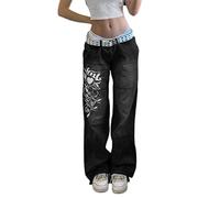 Damen Y2K Low Waist Jeans Gothic Baggy Denim Flare Hose Weites Gerades Bein Lose Casual Gothic Hose Streetwear, Z3, L