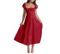 Damen Y2k Maxikleid mit quadratischem Ausschnitt, tiefer Schnitt, Spaghettiträger, Bustier, Midi-Kleid, Spitzenbesatz, Puffärmel, A-Linie, Sommerkleid, B-Puff Sleeve Weinrot, Klein