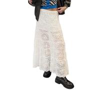 Damen Y2k Midi-Röcke aus Spitze, elastische Taille, durchscheinendes Netzgewebe, A-Linie, durchsichtig, Strand, floraler fließender langer Rock, Feen-Tüllrock, weiß, 40
