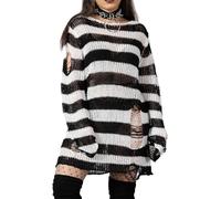 Damen Y2K Oversized Gestreifter Pullover Langarm Strick Baggy Sweater Gothic Harajuku Lose Strickpullover Jumper Tops Grunge Kleidung, schwarz / weiß, S