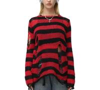 Damen Y2K Oversized Gestreifter Pullover Langarm Strick Baggy Sweater Gothic Harajuku Lose Strickpullover Jumper Tops Grunge Kleidung, rot, M