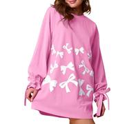 Damen Y2K Schleife Muster Shift Minikleid - Trendy Chic Langarm T-Shirt Kleid mit Fliege Ärmel Detail Rundhalsausschnitt Niedlich Casual A-Linie Süße Blusenkleider Loose Fit Tunika, rose, XXL