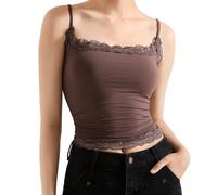 Damen Y2K Tops Camisole Sexy Square Neck Spitzenbesatz Cami Tank Top Slim Fit Unterhemd Sommer Ausgehen Strand Streetwear, dunkelbraun, M