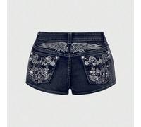 Damen Y2K Vintage Flügel Schädel bestickte Super kurze Jeans Shorts mit niedriger Taille