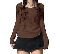 Damen Y2k Vintage Grafikdruck Crop Tee Aesthetic Grunge Langarm T-Shirt Stern Gedruckt Gothic Punk Pullover Top Streetwear, A - Deep Brown, S