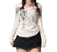 Damen Y2k Vintage Grafikdruck Crop Tee Aesthetic Grunge Langarm T-Shirt Stern Gedruckt Gothic Punk Pullover Top Streetwear, A- Weiß, S