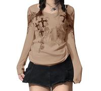 Damen Y2k Vintage Grafikdruck Crop Tee Aesthetic Grunge Langarm T-Shirt Stern Gedruckt Gothic Punk Pullover Top Streetwear, A - Hellbraun, S