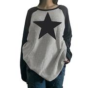 Damen Y2k Vintage Grafikdruck Crop Tee Aesthetic Grunge Langarm T-Shirt Stern Gedruckt Gothic Punk Pullover Top Streetwear, schwarz grau, S