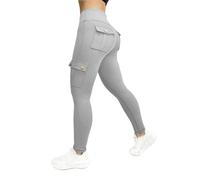 Damen Yogahose Gerippte Scrunchs Po Cargo Leggings Gym Leggings mit Taschen Knöchellang Hohe Taille Booty Bauchkontrolle Solide Laufen Sport Jogginghose Butt Lifting Workout Leggings, grau, XL