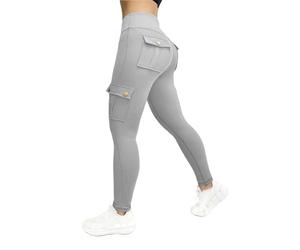 Damen Yogahose Gerippte Scrunchs Po Cargo Leggings Gym Leggings mit Taschen Knöchellang Hohe Taille Booty Bauchkontrolle Solide Laufen Sport Jogginghose Butt Lifting Workout Leggings, grau, XL
