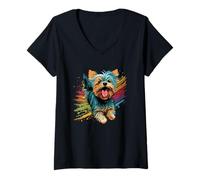 Damen Yorkie Besitzerin Cartoon mit einem Yorkshire Terrier T-Shirt mit V-Ausschnitt