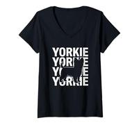 Damen Yorkie Retro Vintage Style Yorkshire Terrier Hund Silhouette T-Shirt mit V-Ausschnitt