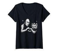 Damen Yorkshire Terrier Bigfoot Sasquatch Herz Handschild Hund T-Shirt mit V-Ausschnitt