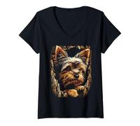 Damen Yorkshire Terrier Dog Lover Herbst Ästhetische Herbstgrafik T-Shirt mit V-Ausschnitt