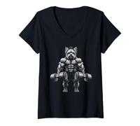 Damen Yorkshire Terrier Dog Powerlifting Weightlifting Gym Workout T-Shirt mit V-Ausschnitt