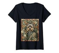 Damen Yorkshire Terrier Gentleman, Vintage-Blumenstil T-Shirt mit V-Ausschnitt
