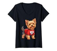 Damen Yorkshire Terrier I Love Mom Cartoon Motiv T-Shirt mit V-Ausschnitt
