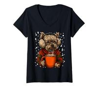 Damen Yorkshire Terrier in Brille Ohrenschützer Kaffee süßer Winterhund T-Shirt mit V-Ausschnitt