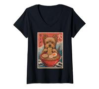 Damen Yorkshire Terrier isst Ramen Kawaii, Anime-Hundeliebhaber T-Shirt mit V-Ausschnitt