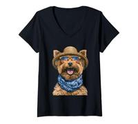 Damen Yorkshire Terrier mit Sonnenbrille und Strohhut Yorkie Hund T-Shirt mit V-Ausschnitt