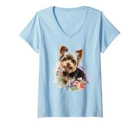 Damen Yorkshire Terrier Mom Floral Yorkie Hundeliebhaber Blumen niedlich T-Shirt mit V-Ausschnitt