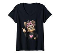 Damen Yorkshire Terrier, niedlicher Hundeliebhaber, Retro-Grafik, verspielt, scharf T-Shirt mit V-Ausschnitt