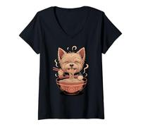 Damen Yorkshire Terrier Ramen Noodles T-Shirt mit V-Ausschnitt
