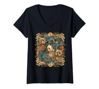 Damen Yorkshire Terrier Yorkies in einem Vintage-Blumengarten T-Shirt mit V-Ausschnitt