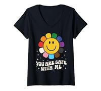 Damen You Are Safe With Me LGBTQ Pride Ally You're Safe Smile Face T-Shirt mit V-Ausschnitt
