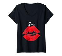 Damen Zara Red Lips Personalisierter Vornamen T-Shirt mit V-Ausschnitt