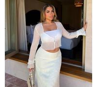 Damen zarte, strukturierte, leichte, transparente Strickjacke, kurze Perlenknopf-Bolero für den Sommer