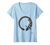 Damen Zen Koi Fisch im Enso Circle Japanische Tuschekunst Gyotaku-Stil T-Shirt mit V-Ausschnitt