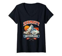 Damen Zermatt Schweiz Matterhorn Ski T-Shirt mit V-Ausschnitt